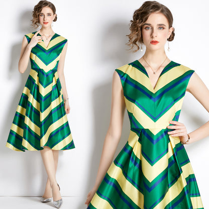 Tingfly Runway Designer Gestreepte Zomerse Mouwloze Retro Feestjurk