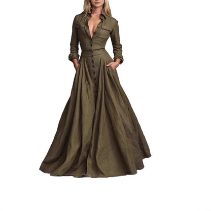 Elegant High-Waisted Maxi Dress with Long Sleeves and Turn-Down Collar Flared Silhouette Casual Women's Dress