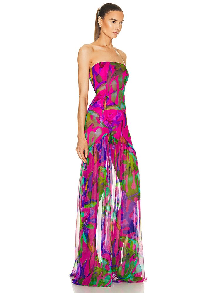 Bedrukte strapless mesh jurk met split perfect voor een feestje of andere gelegenheid