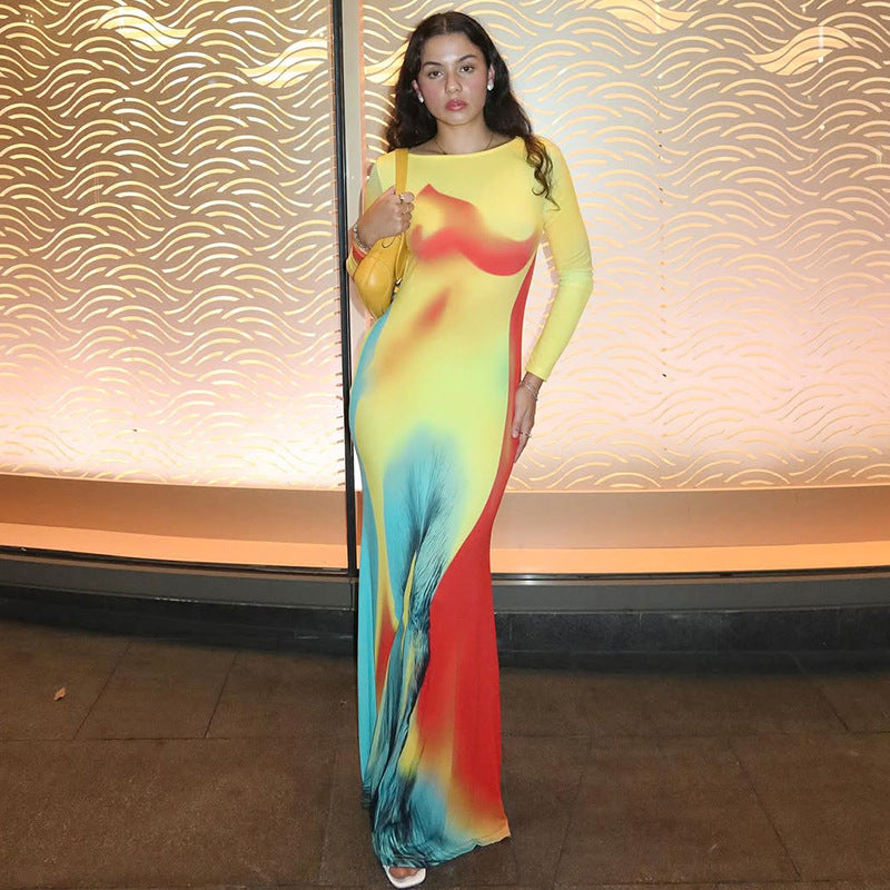Women's Summer New Long Sleeve Slim Body-Shaping Printed Dress