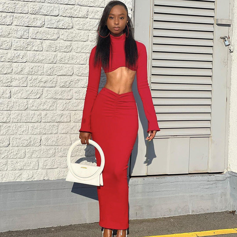 Pure Color Crop Top with Flared Sleeves and Low Waist Pleated Long Skirt Set