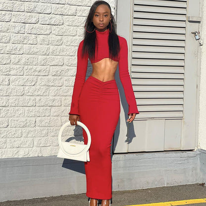 Pure Color Crop Top with Flared Sleeves and Low Waist Pleated Long Skirt Set