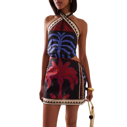 Summer fashion vacation hanging neck backless printed sexy beach skirt dress