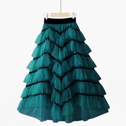 Summer Temperament Fluffy Cakee Tulle Maxi Long Skirt Multi-layered Irregular Fairy Anke Long Mesh Skirt