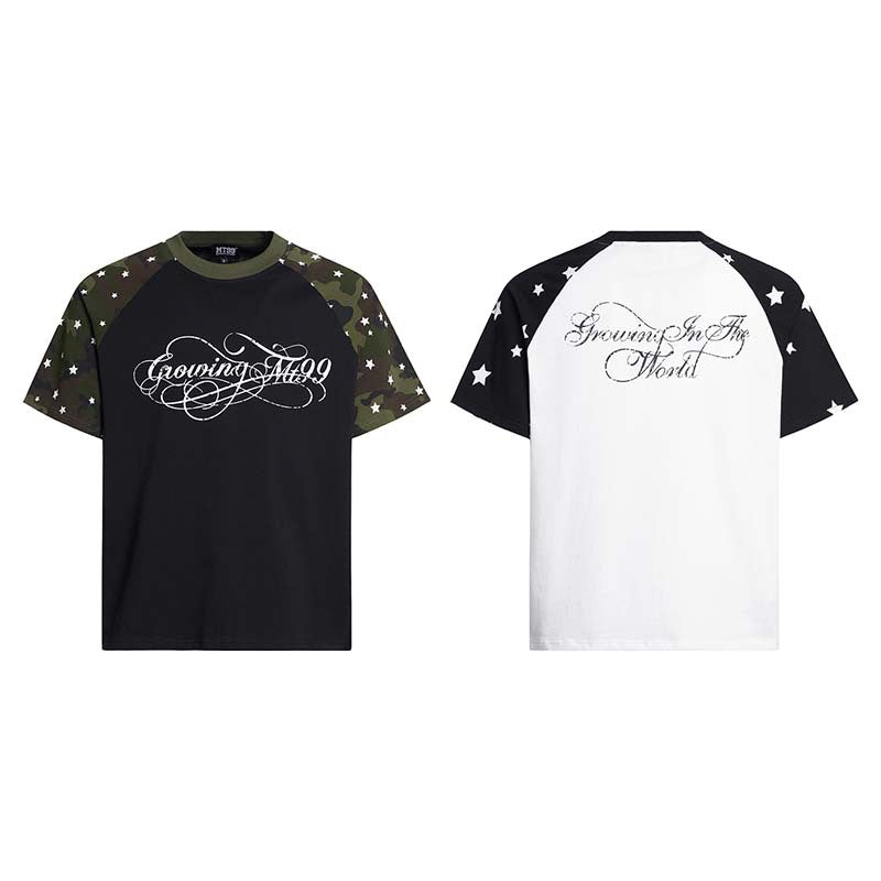 Letter print color blocking splicing round neck short sleeved shirt