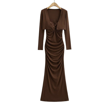 Vintage Sexy Knot Pleated Long Dress Design Slim Fit Bodycon Padded Dress with Cardigan Two-Piece Set