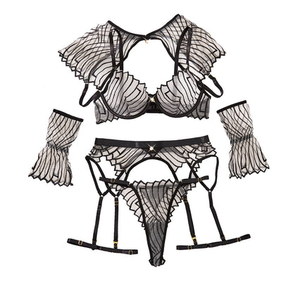 Embroidered shawl garter belt sexy lingerie six piece set