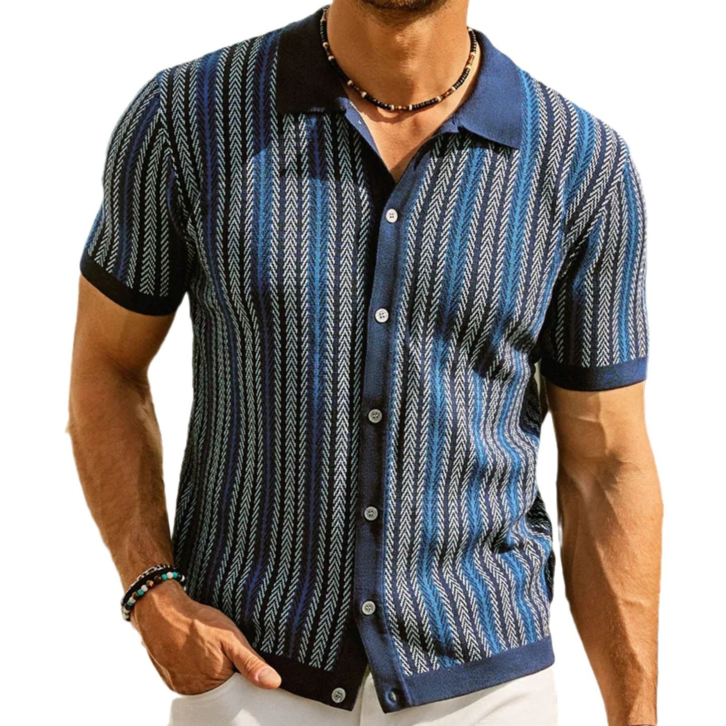 Short sleeved knitted sweater summer new striped jacquard business polo shirt Father's Day gift