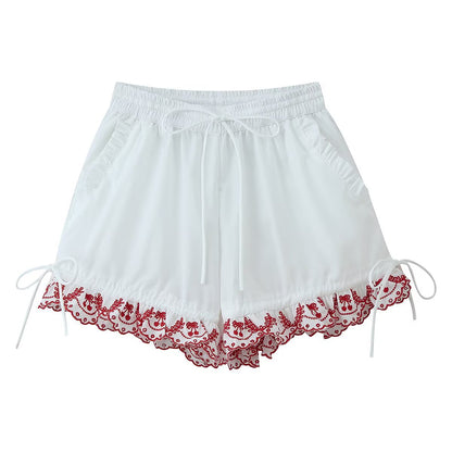 Sexy Embroidered Peter Pan Collar Pleated Top  Embroidered Shorts