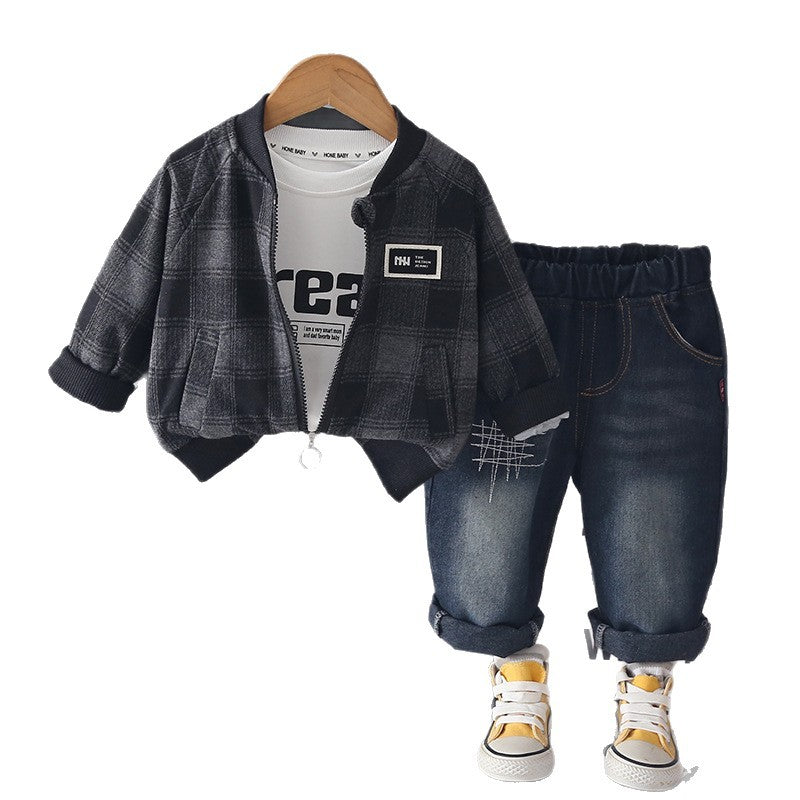Children's Spring and Autumn Checkered Zipper Shirt Long Sleeve Three Piece Set