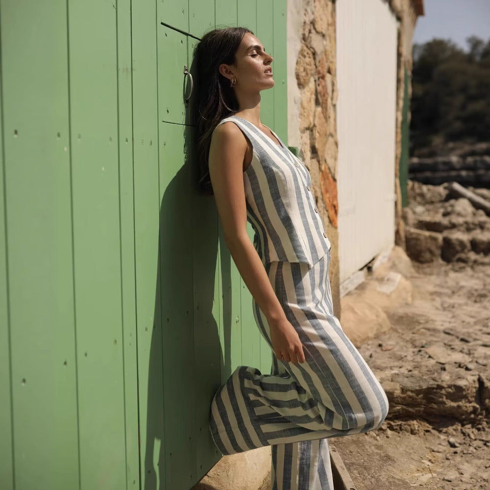 Women's Clothing Imitation Linen Striped Tank Top + Long Pants Set