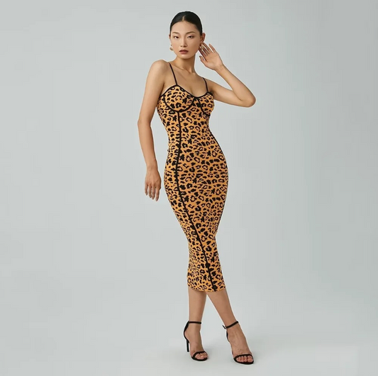 Laag uitgesneden strakke stretch jacquard cami-jurk met luipaardprint