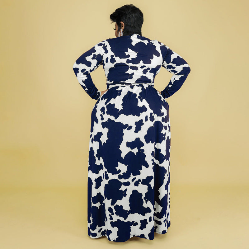 Modieus bedrukte wikkel maxi-jurk met lange mouwen zakken en hoge taille plus size