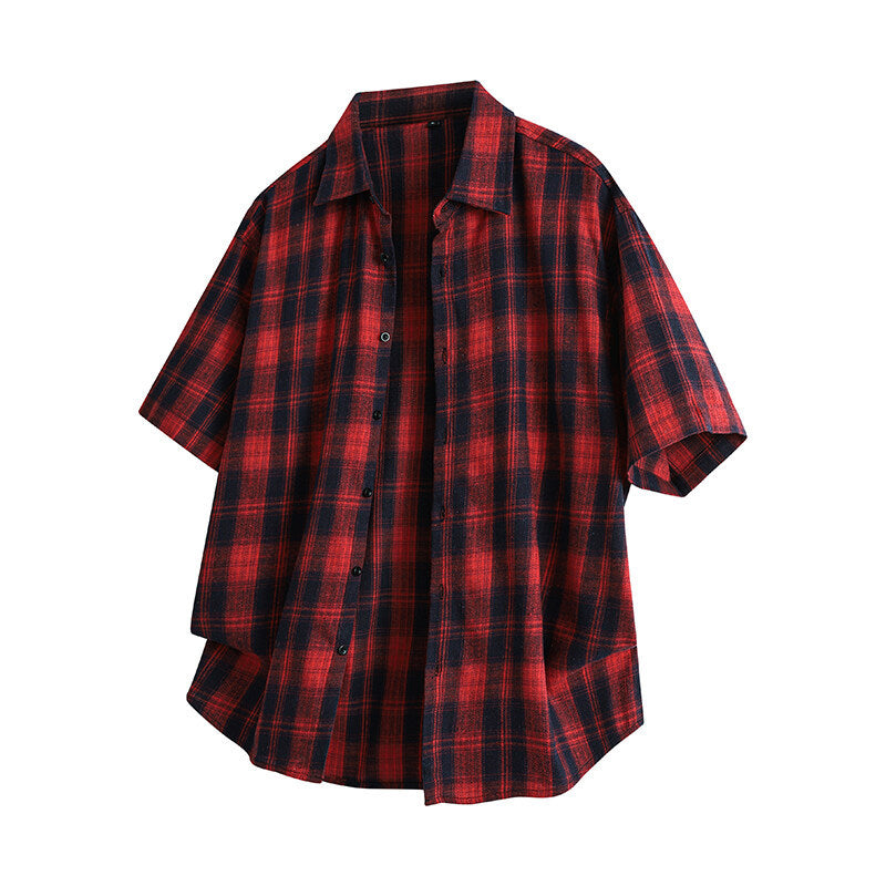 Men's Loose Trendy Short Sleeve Plaid Casual Shirt