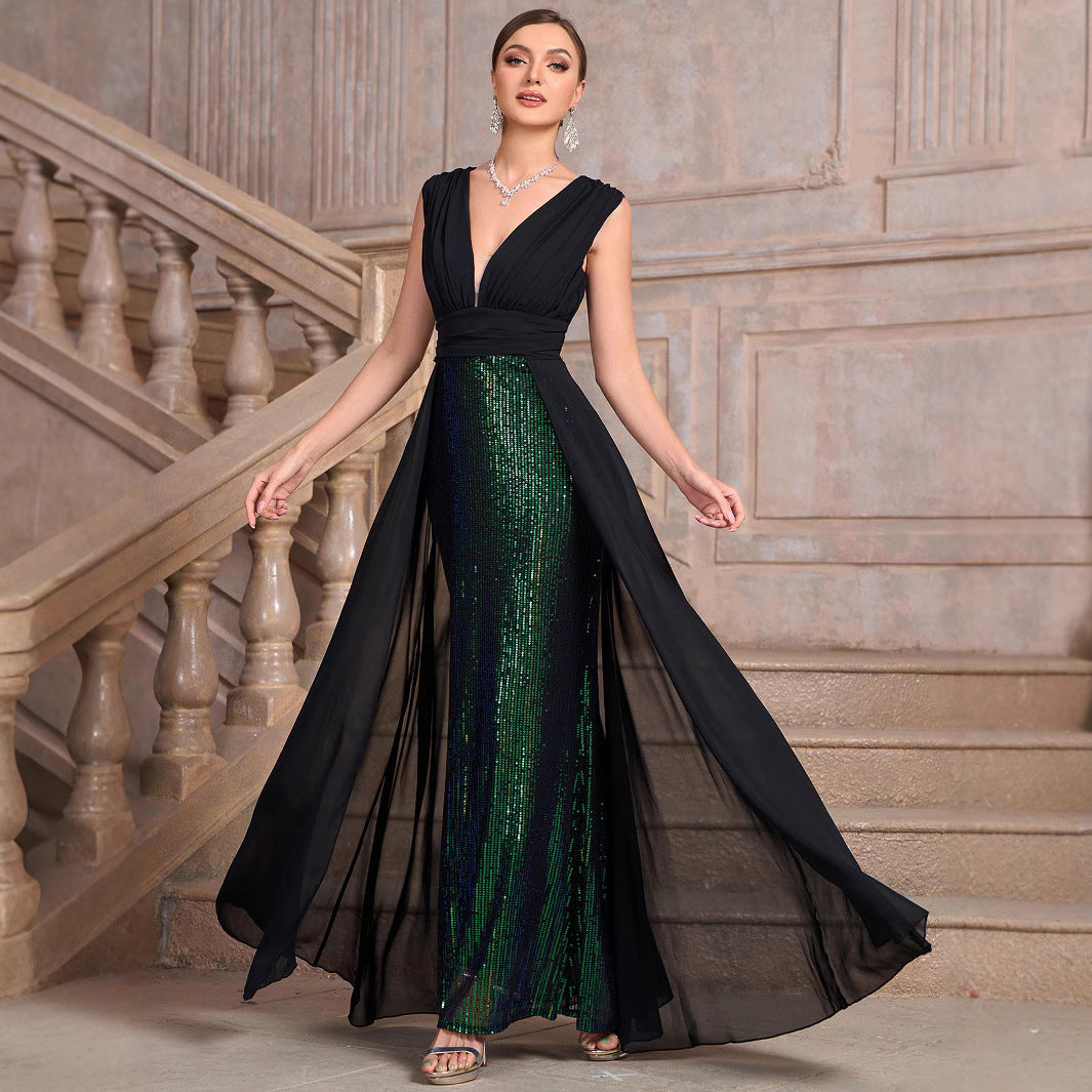 Mouwloze avondjurk met glitterrok V-hals en mesh sleep