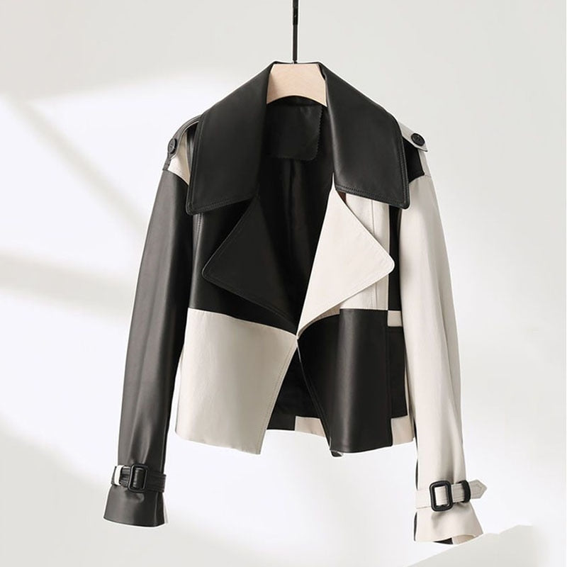 High-End zwart-wit geruite PU-leren jas voor dames