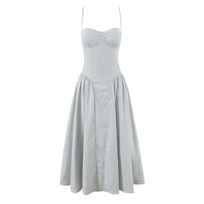 Summer European and American fashion square neck three-dimensional steel ring waist cinched pleated dress