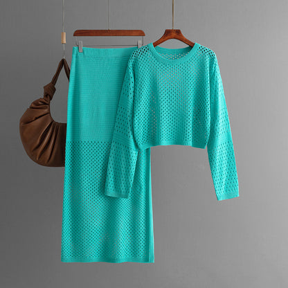 New summer women's hollow knitted sweater long skirt fashion two-piece dress set