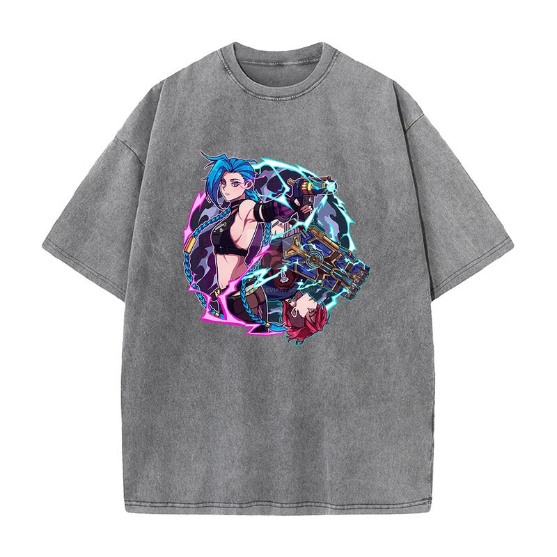 Summer New Anime League of Legends Pattern Printed T-Shirt Summer Cotton Washed Vintage Short Sleeve
