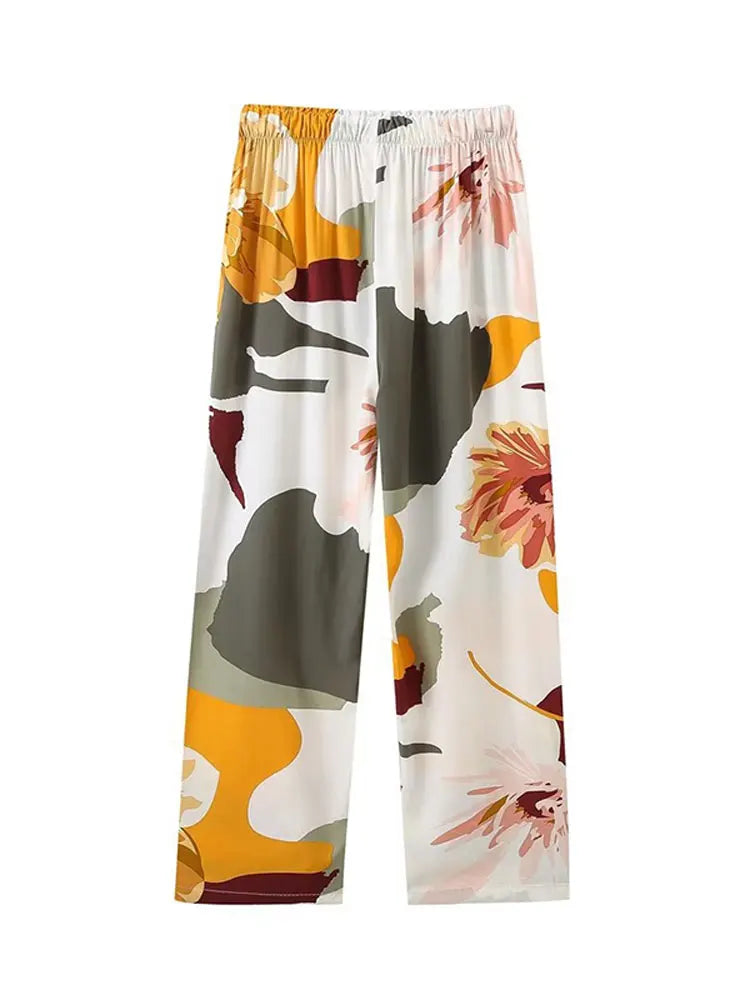 Women Fashion Printed Lapel Blouses And High Elastic Waist Straight Pants 2piece Sets Female Turn Down Collar Loose Shirt Set