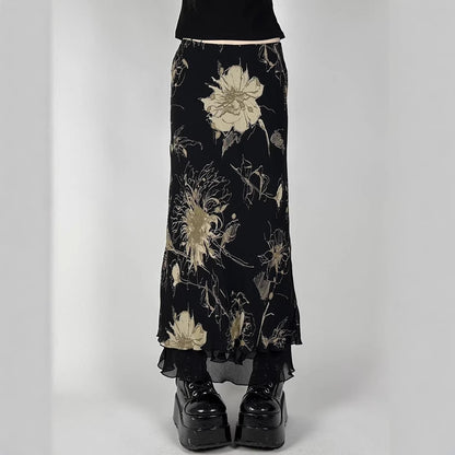 Retro Forest Floral Print Low Waist Slimming Skirt Spicy Girl Bodycon Versatile Slimming A-Line Long Skirt
