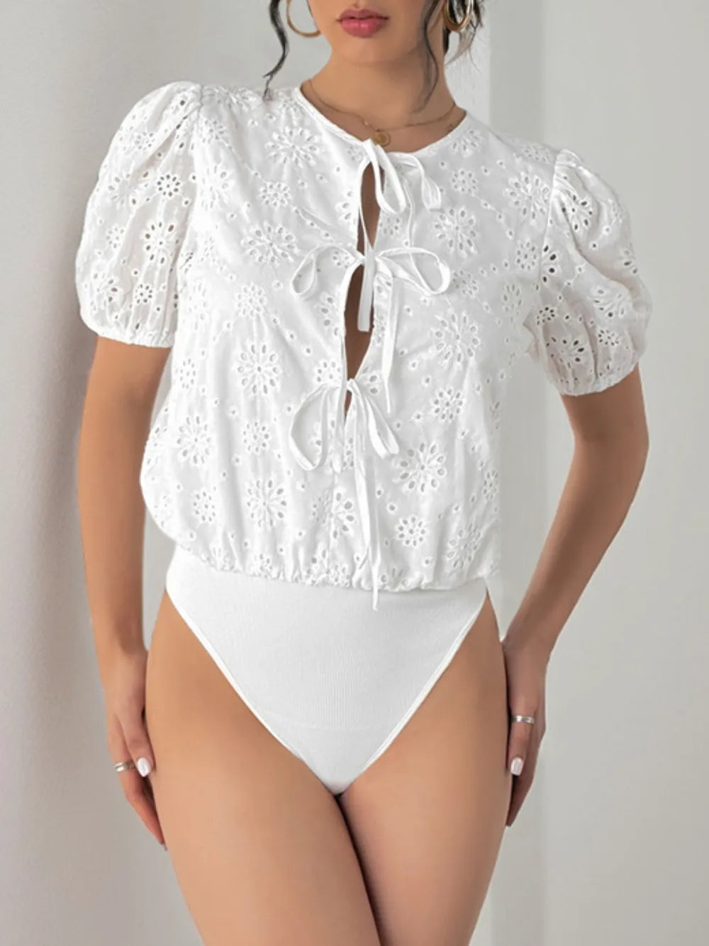 Tied Eyelet Short Sleeve Bodysuit
