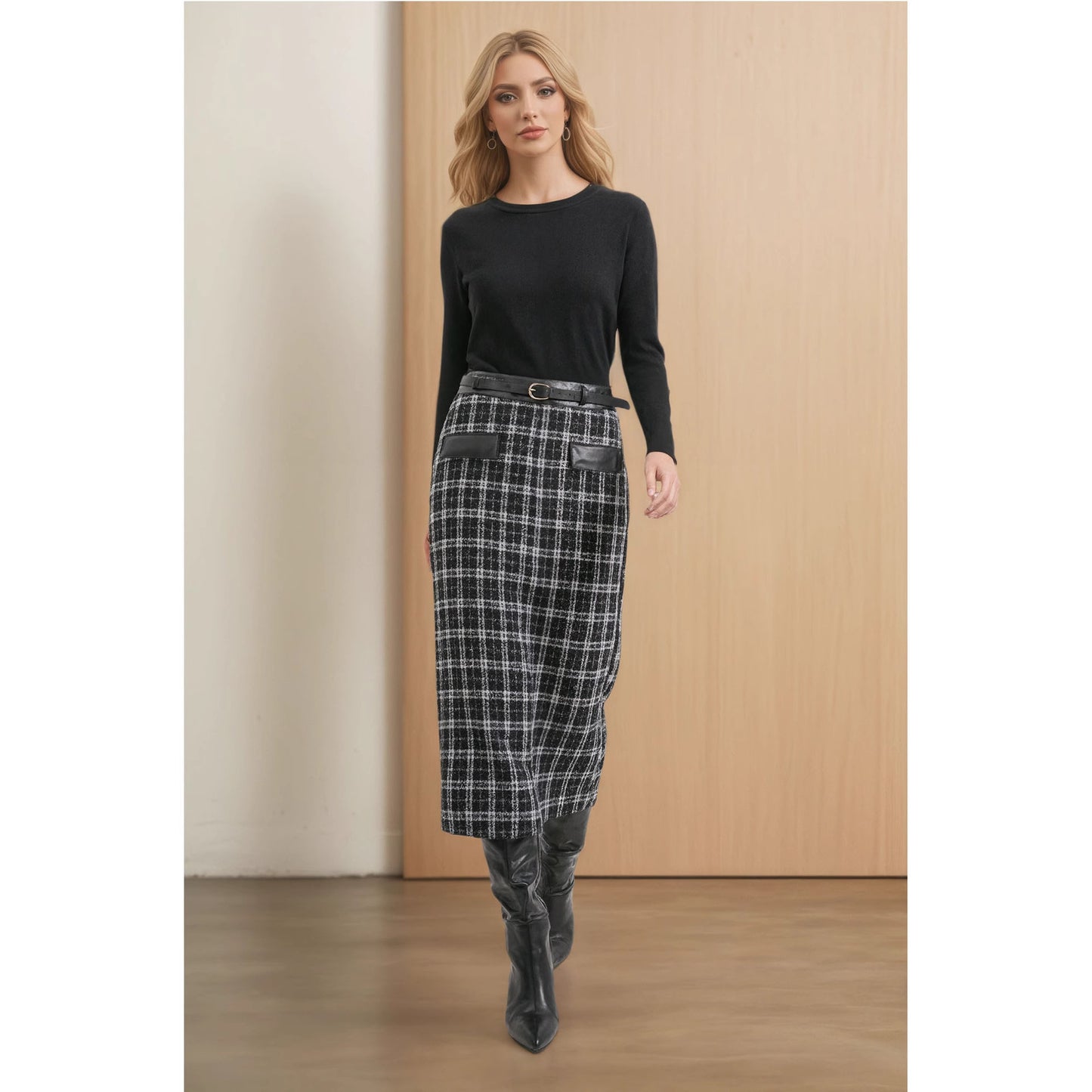 High waisted plaid long skirt