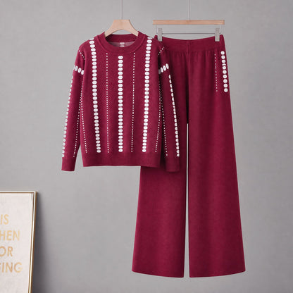 Round Neck Pocket Sweater  Loose Casual Wide-Leg Pants for Women