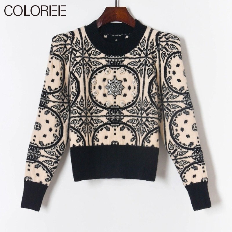 Vintage jacquard truien met kralen voor dames