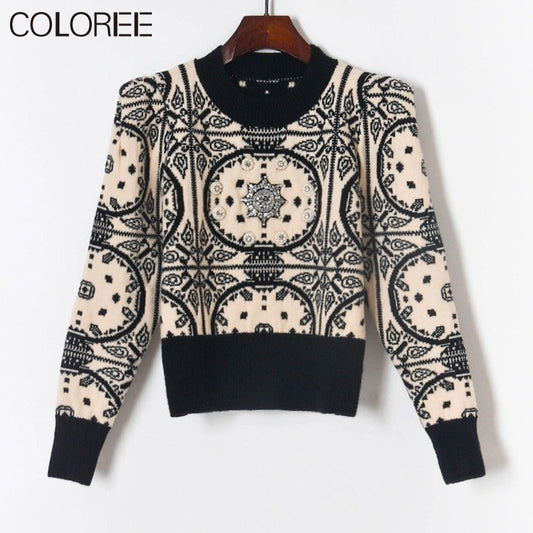 Vintage jacquard truien met kralen voor dames