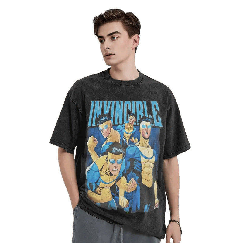 Summer Cartoon Pattern Printed T-Shirt Summer Cotton Washed Vintage Short Sleeve