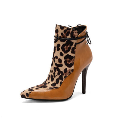 Sexy Autumn and Winter Leopard Print Colorblock Lace Up Stiletto Pointed Toe Ladies Short Boots