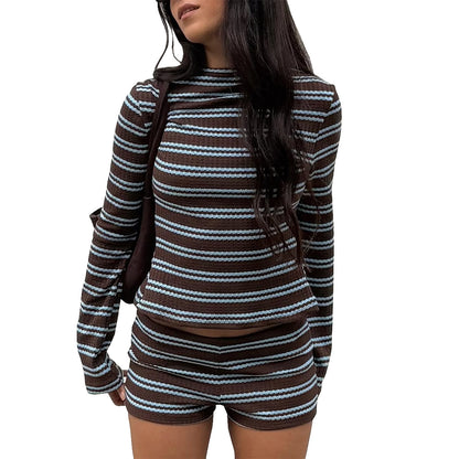 Round neck elastic stripe set for autumn