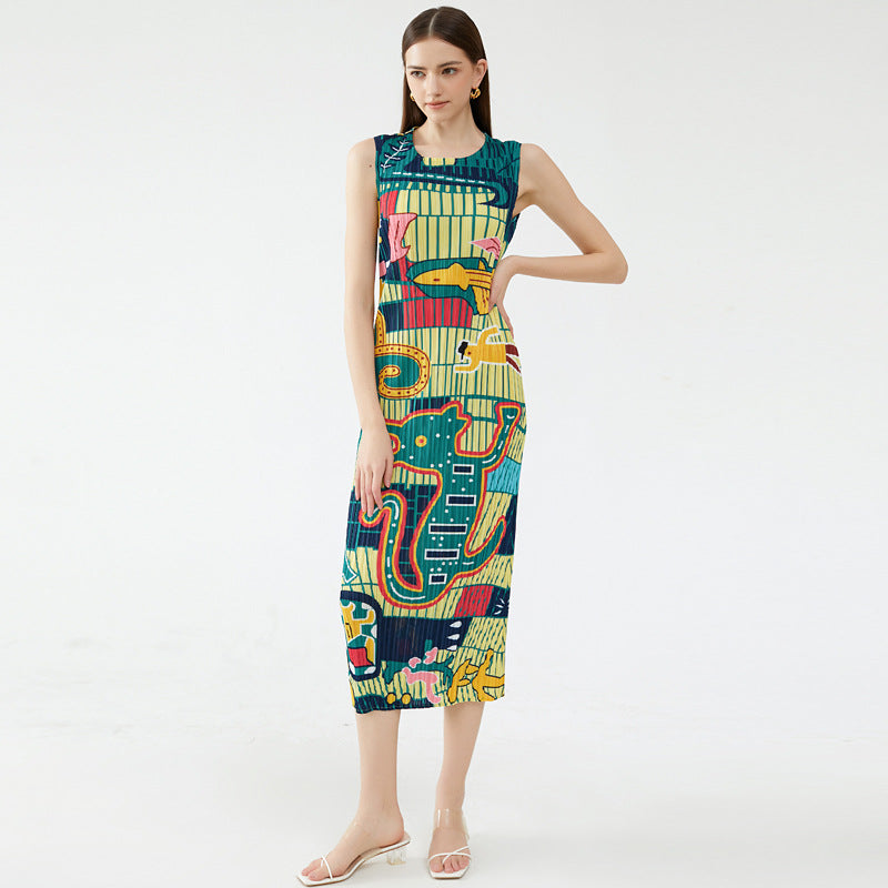Summer new elegant animal waist slim fit round neck temperament pleated casual style dress for women