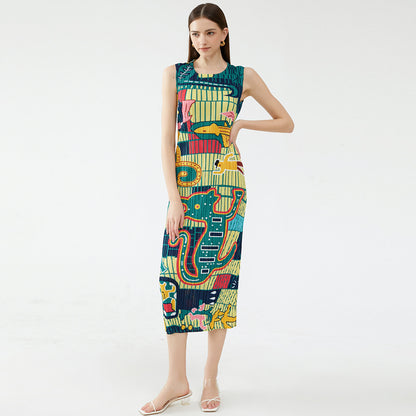 Summer new elegant animal waist slim fit round neck temperament pleated casual style dress for women
