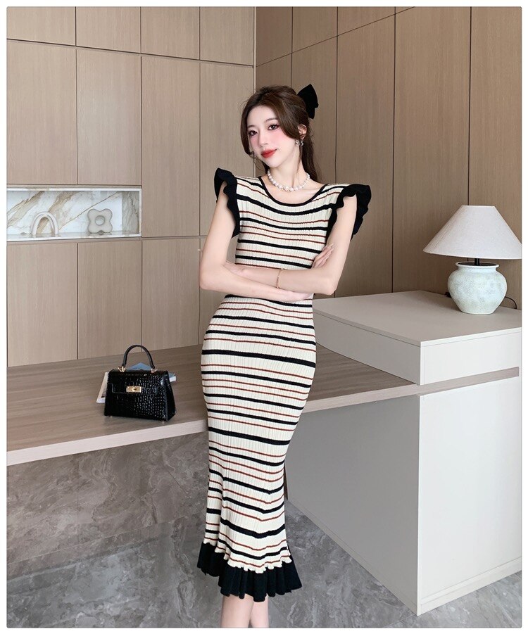 OFF summer streetwear chic korean new in fashion stripe bodycon knitted midi dresses for women casual ruffles O-neck dress femme