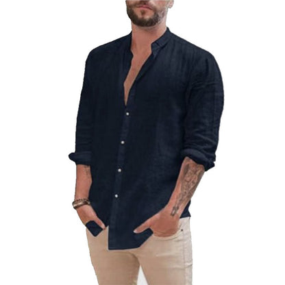 Men's Retro Standing Collar Cardigan, New Casual Long Sleeved Cotton Linen Solid Color Shirt, Men'S Shirt, Men'S Shirt