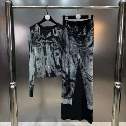 Spring New Collection Long Sleeve Print Shirt Distressed Bodycon Skirt Two Piece Set Women Tracksuits