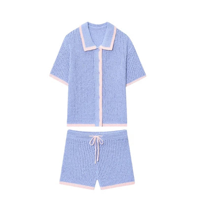 Knitted polo shirt jacket+shorts set
