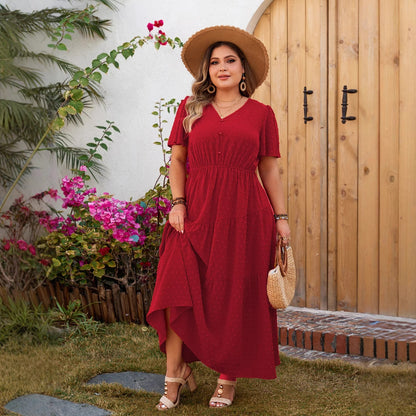 Self-developed Solid Color Short Sleeve Dress Casual Loose Plus Size V-neck Long Dress