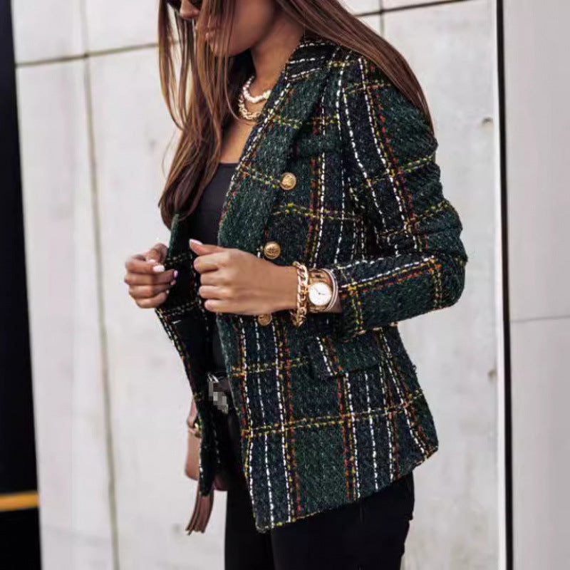 Printed Long Sleeve Double-Breasted Suit Lapel Blazer Coat for Women