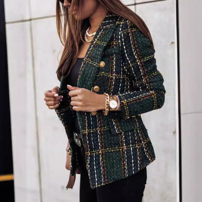 Printed Long Sleeve Double-Breasted Suit Lapel Blazer Coat for Women