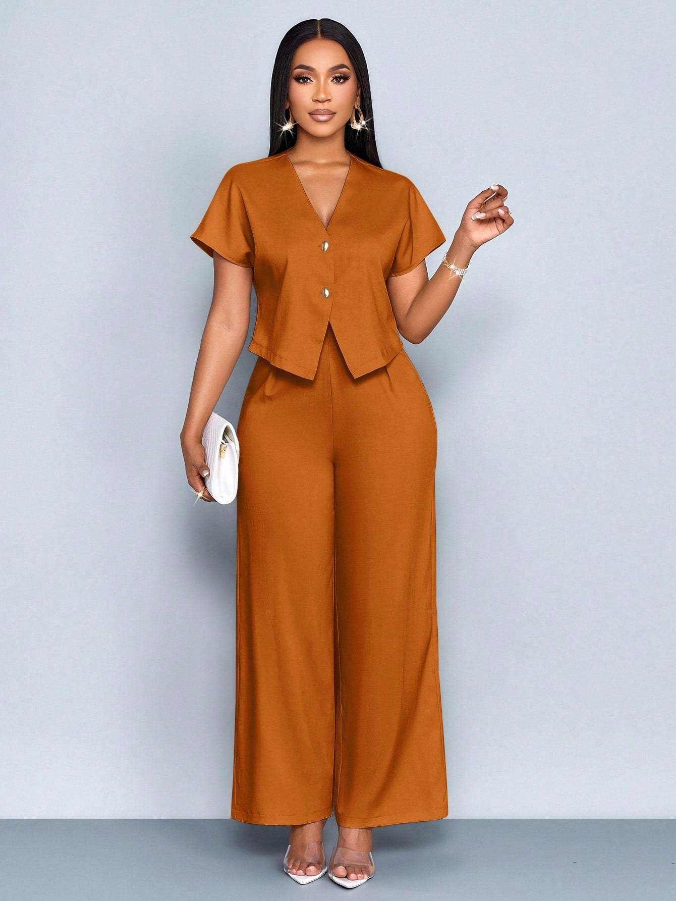 Summer Short Sleeve V-Neck Irregular Cardigan Straight Leg Wide Leg Pants Plus Size Casual Two-Piece Set