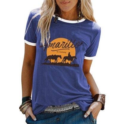 Summer women's amarillo by morning bull head contrasting retro T-shirt short sleeved