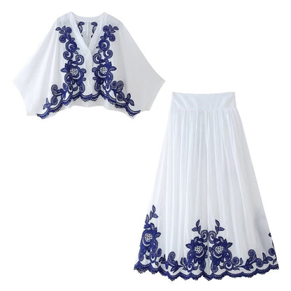 Fashion contrasting embroidered shirt+skirt set