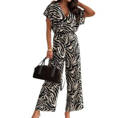 Elegant Leopard Print V-Neck Flutter Sleeve Wide-Leg Jumpsuit