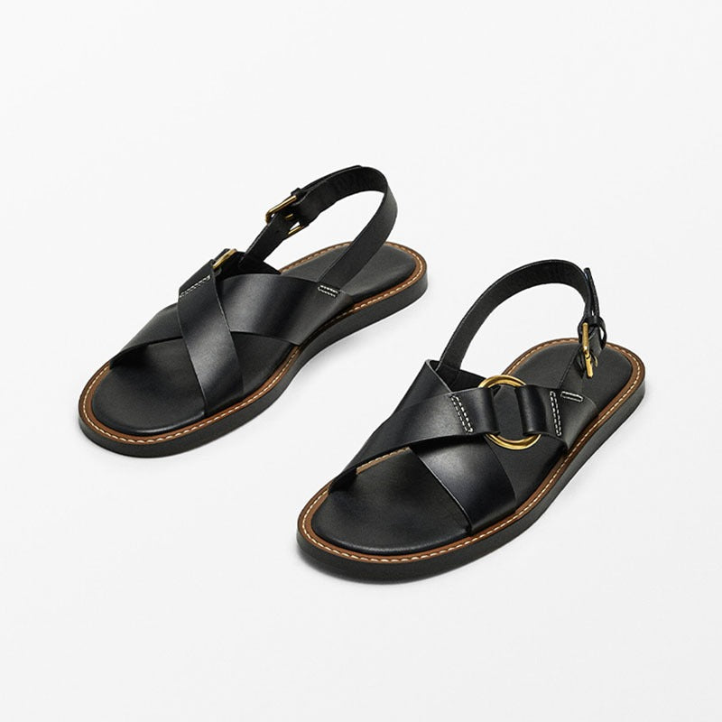 Summer new leather cross strap flat slippers black Roman sandals for women