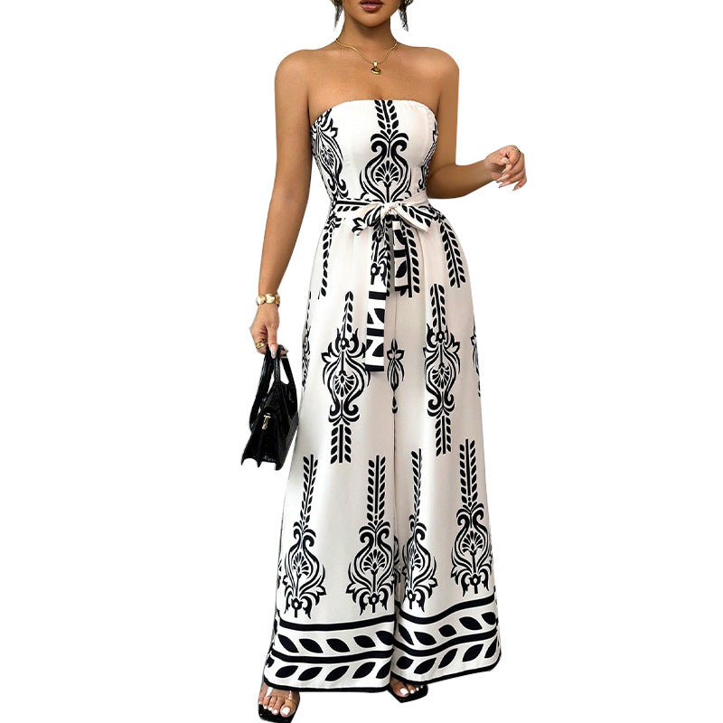 Bedrukte strapless jumpsuit met wijde pijpen en ceintuur nauwsluitende pasvorm