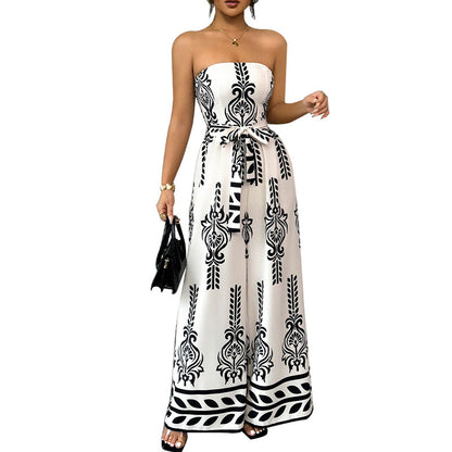Bedrukte strapless jumpsuit met wijde pijpen en ceintuur nauwsluitende pasvorm