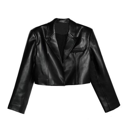 Zwart korte PU-leren jasje met hoge taille voor dames
